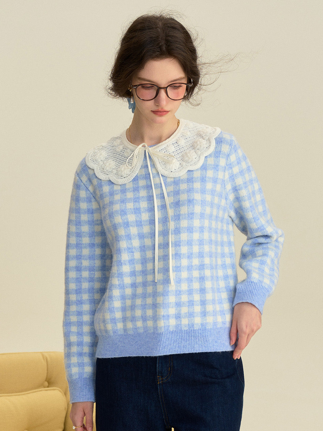 【Final Sale】Brielle Doll Collar Plaid 100% Cotton Sweater