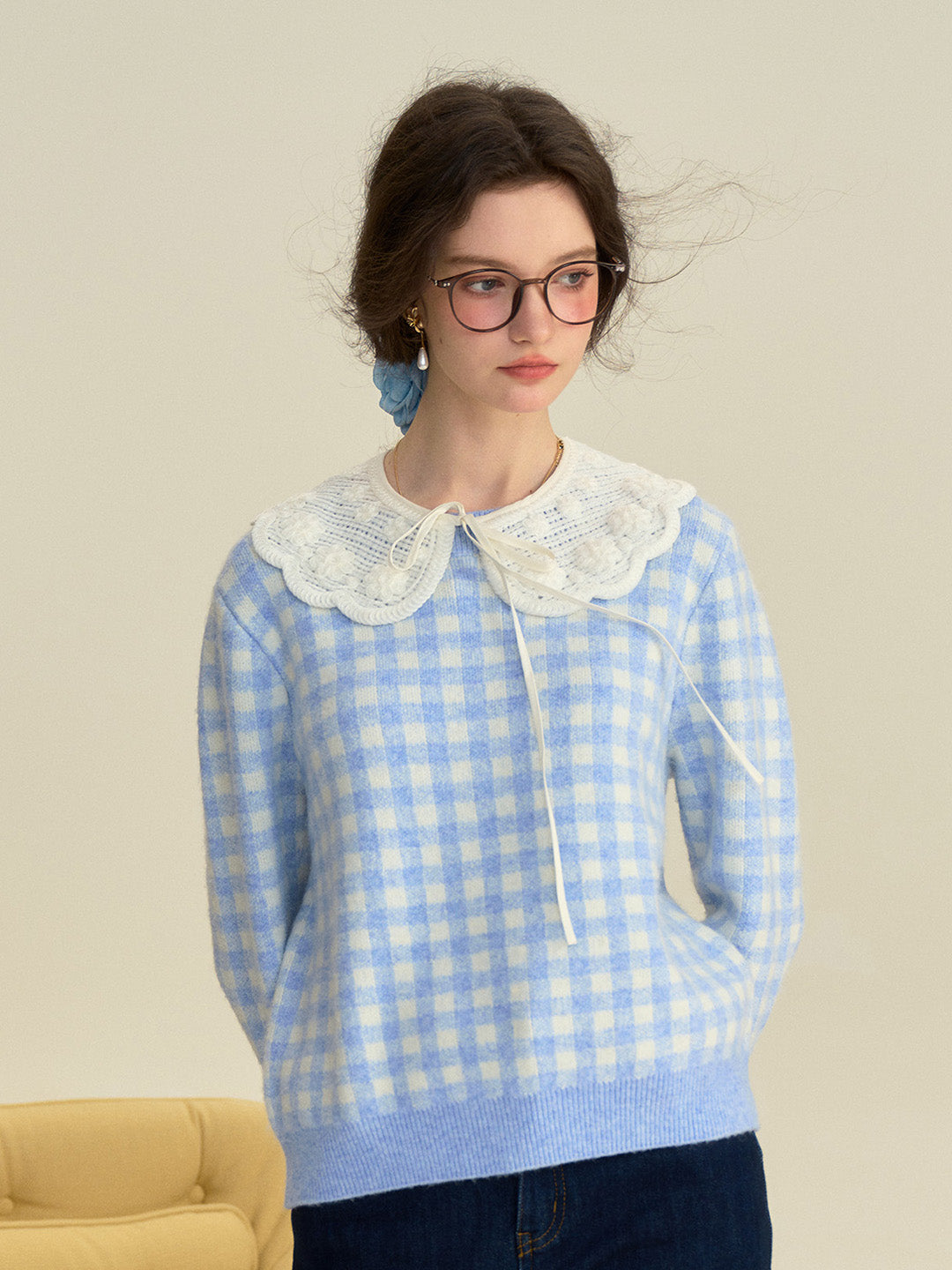 【Final Sale】Brielle Doll Collar Plaid 100% Cotton Sweater