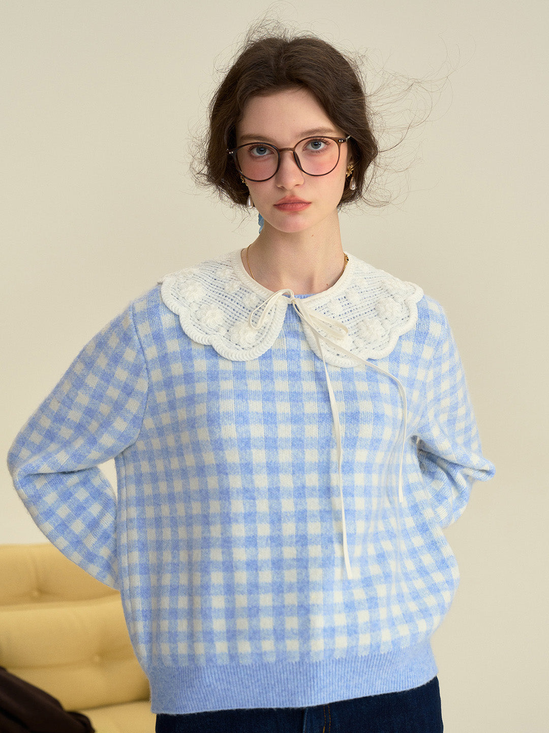 【Final Sale】Brielle Doll Collar Plaid 100% Cotton Sweater