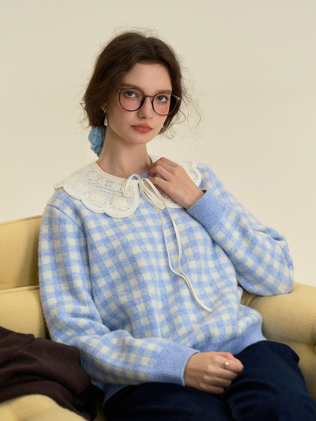 【Final Sale】Brielle Doll Collar Plaid 100% Cotton Sweater