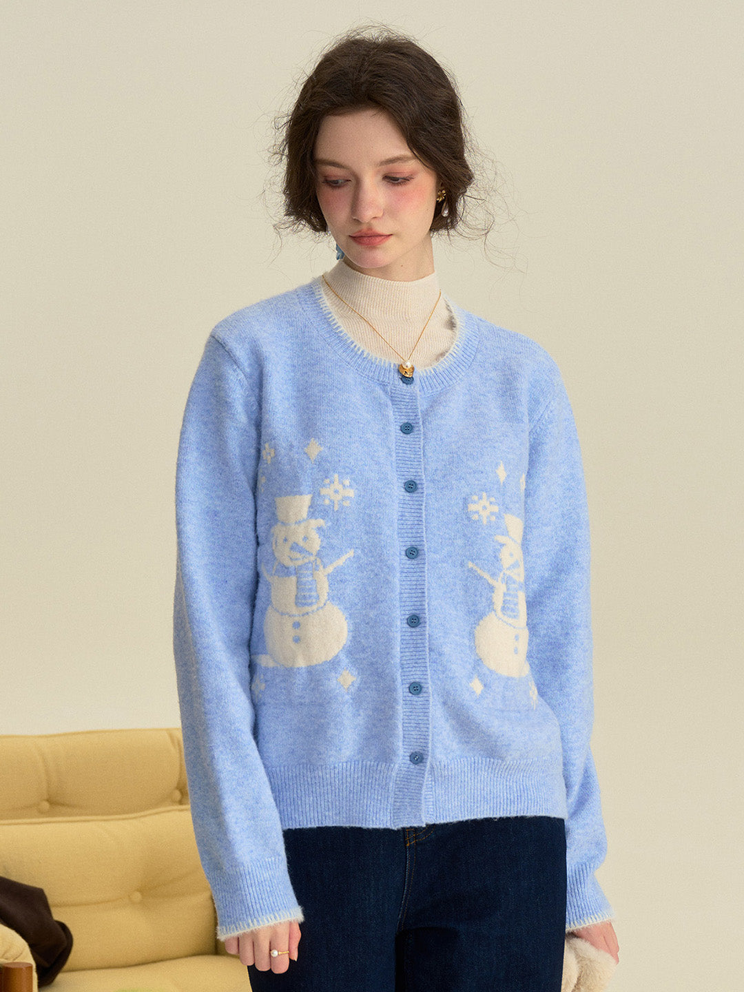 【Final Sale】Amabel Round Neck Snowman Wool Cardigan