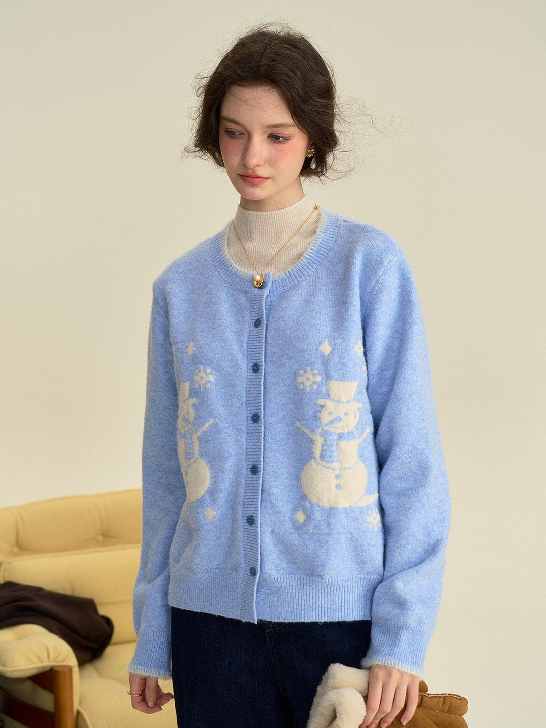 【Final Sale】Amabel Round Neck Snowman Wool Cardigan