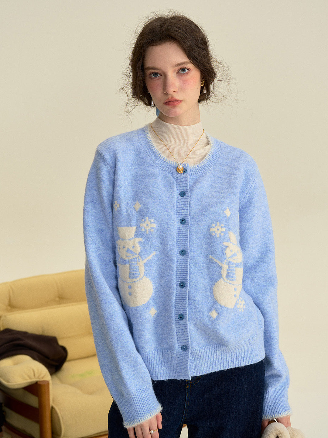 【Final Sale】Amabel Round Neck Snowman Wool Cardigan