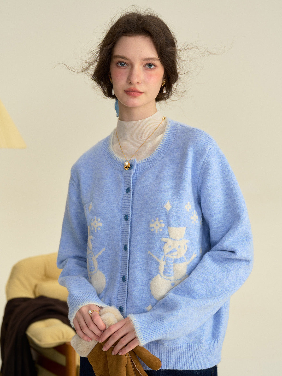 【Final Sale】Amabel Round Neck Snowman Wool Cardigan