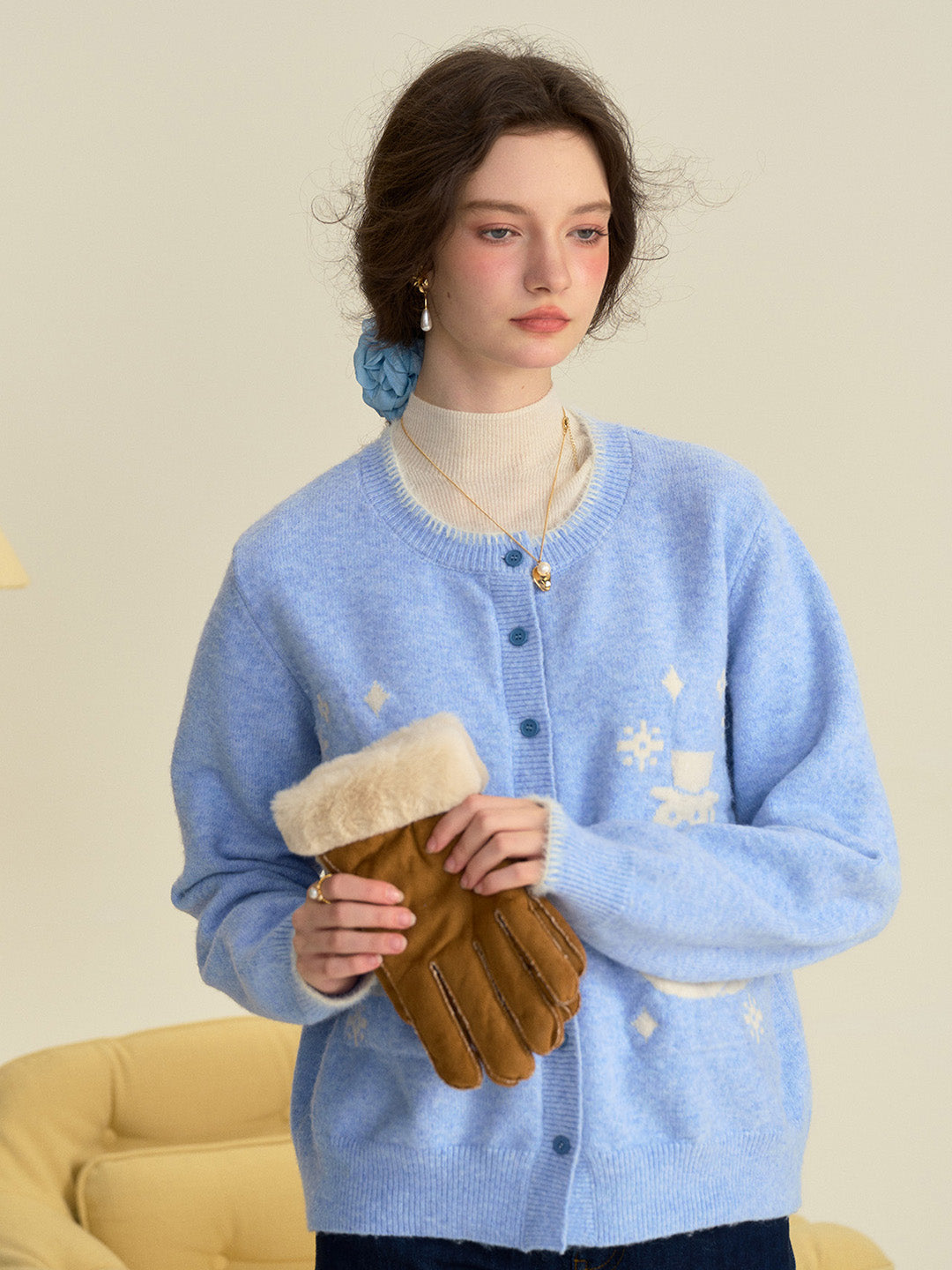 【Final Sale】Amabel Round Neck Snowman Wool Cardigan