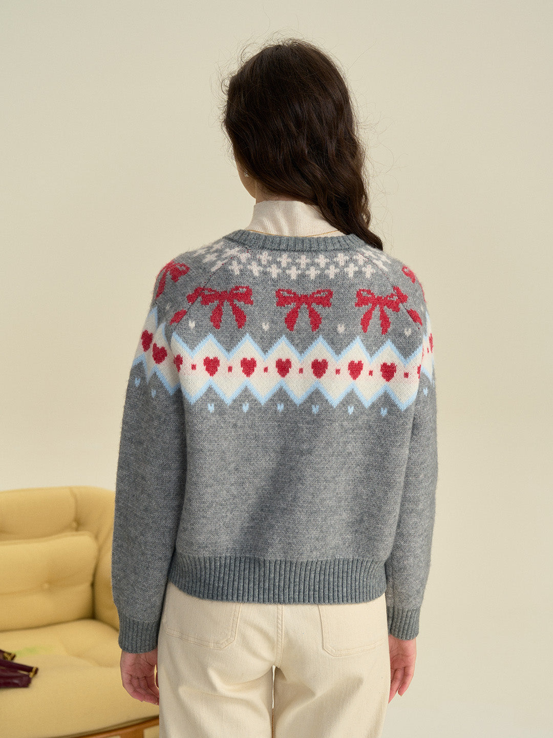 Elina Round Neck Ribbed Embroidered Bow Heartcore Sweater