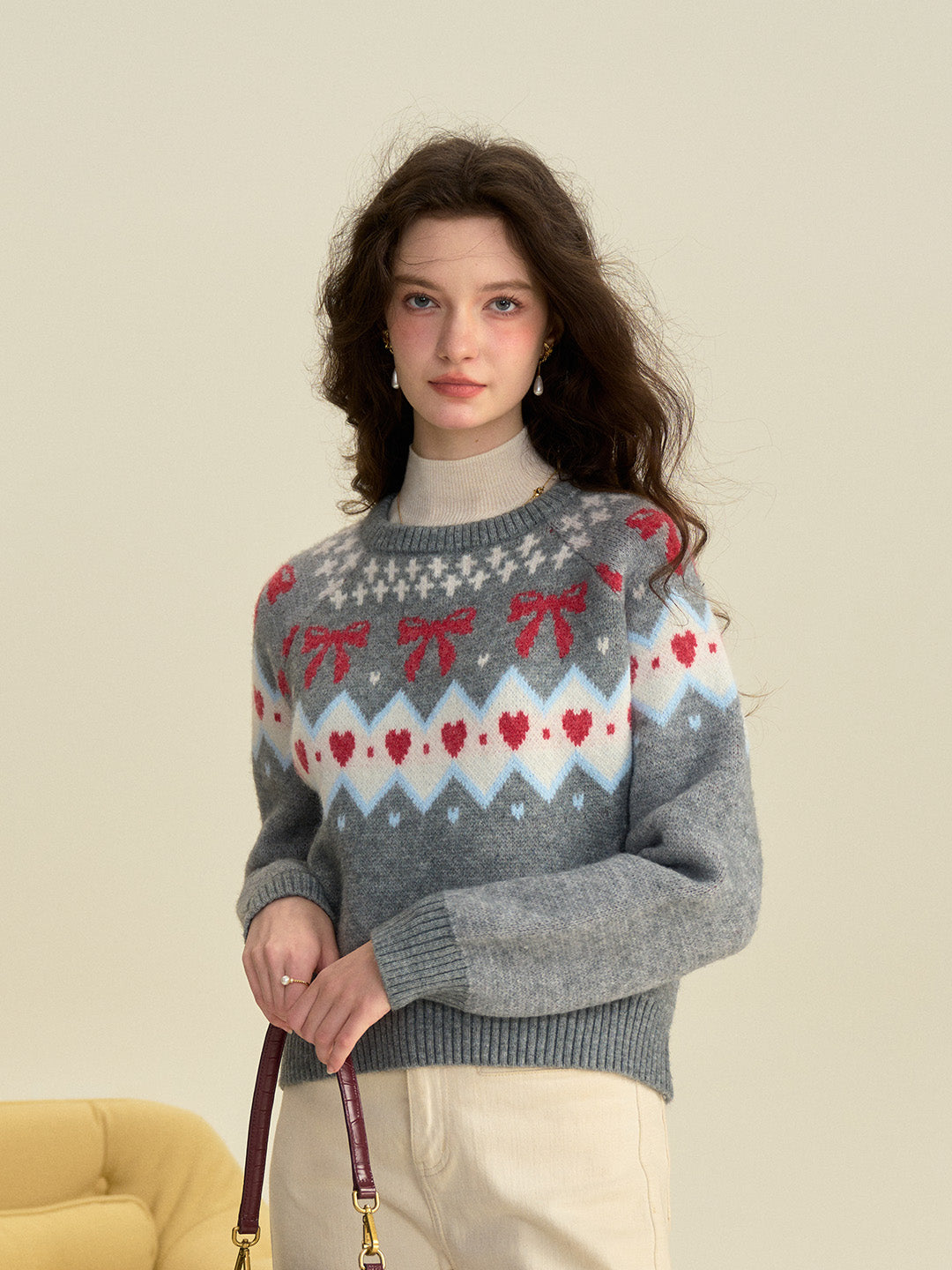 Elina Round Neck Ribbed Embroidered Bow Heartcore Sweater