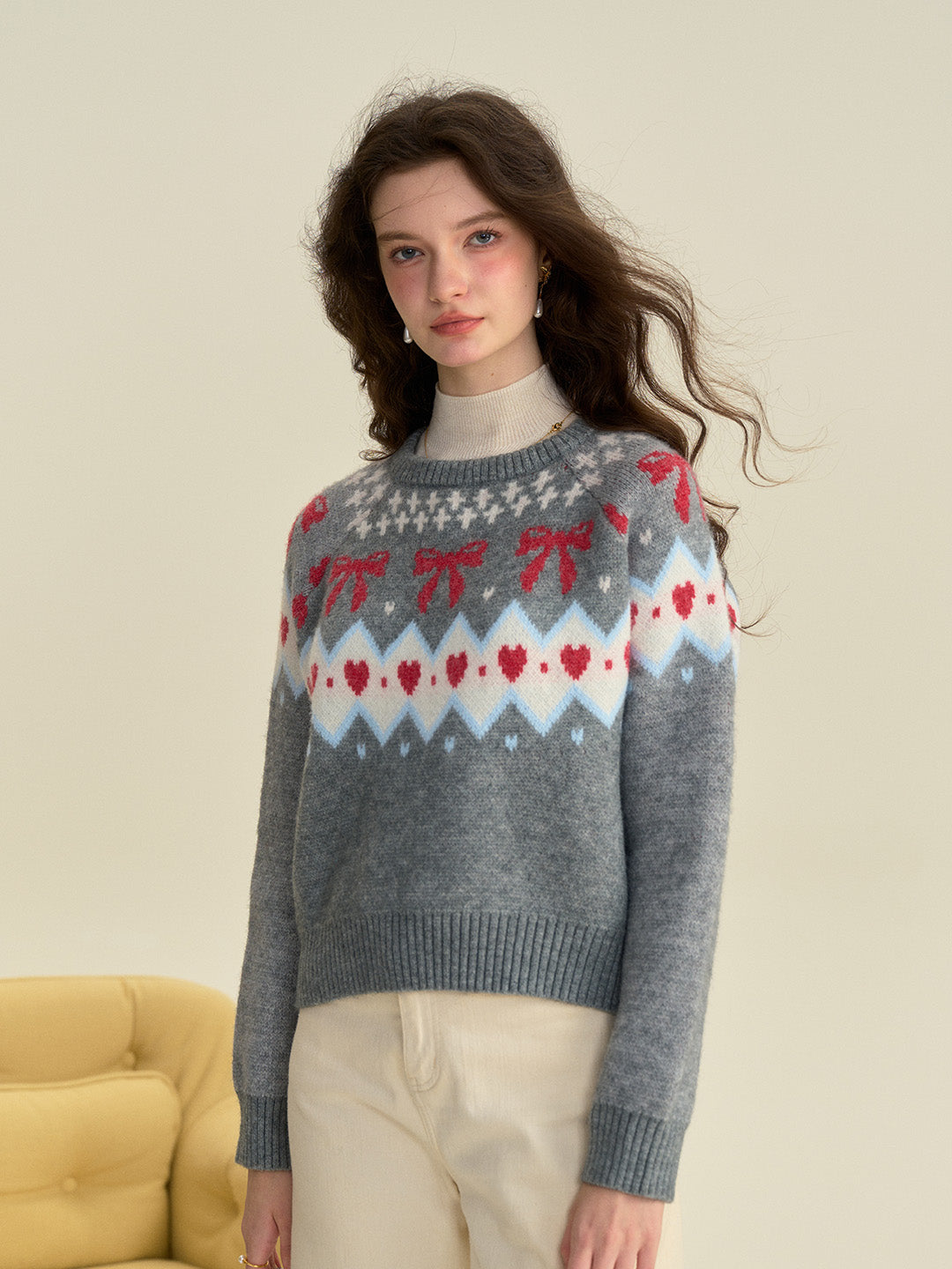 Elina Round Neck Ribbed Embroidered Bow Heartcore Sweater