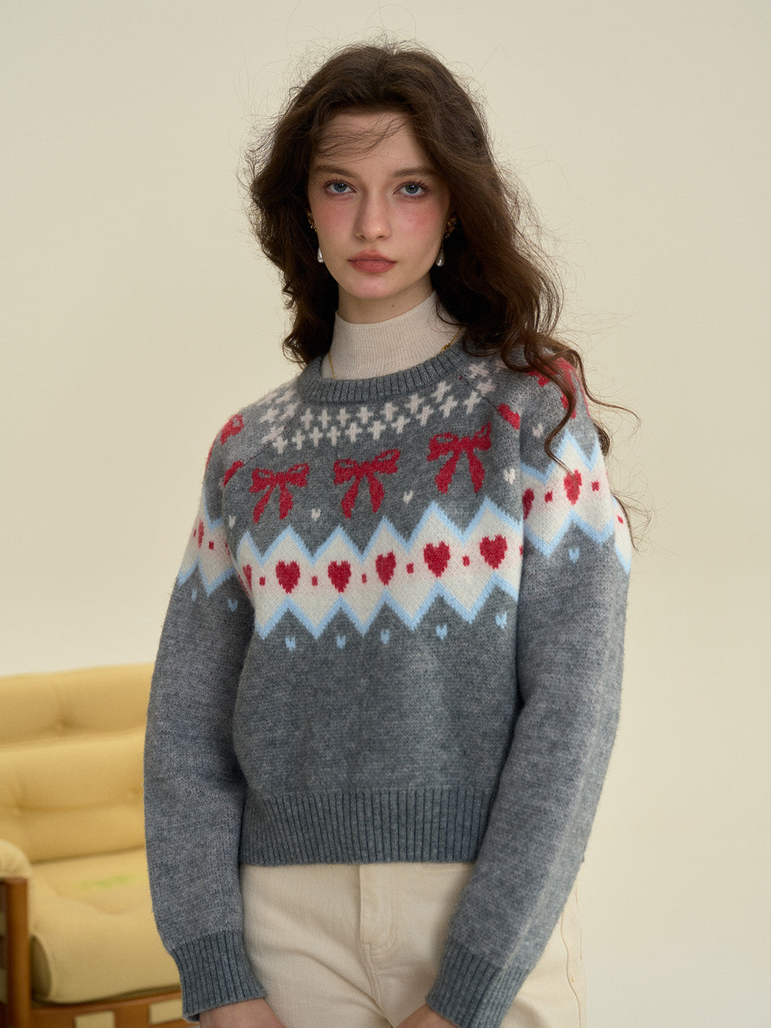 Elina Round Neck Ribbed Embroidered Bow Heartcore Sweater