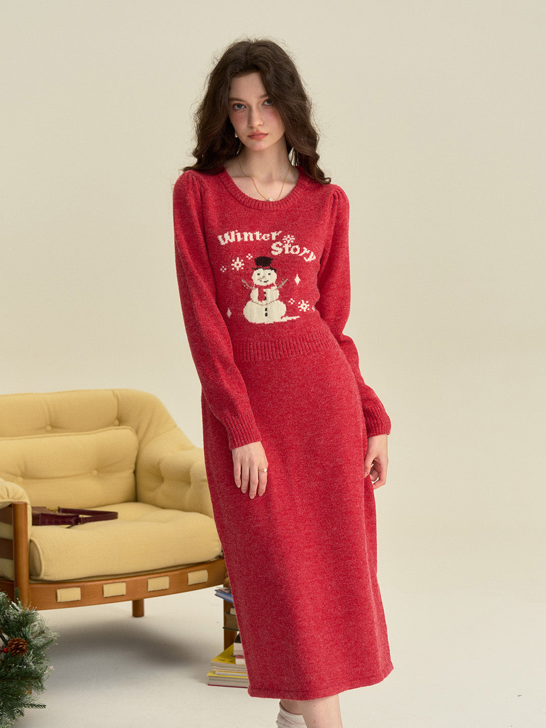 【Final Sale】Natalie Round Neck Snowman Wool Dress