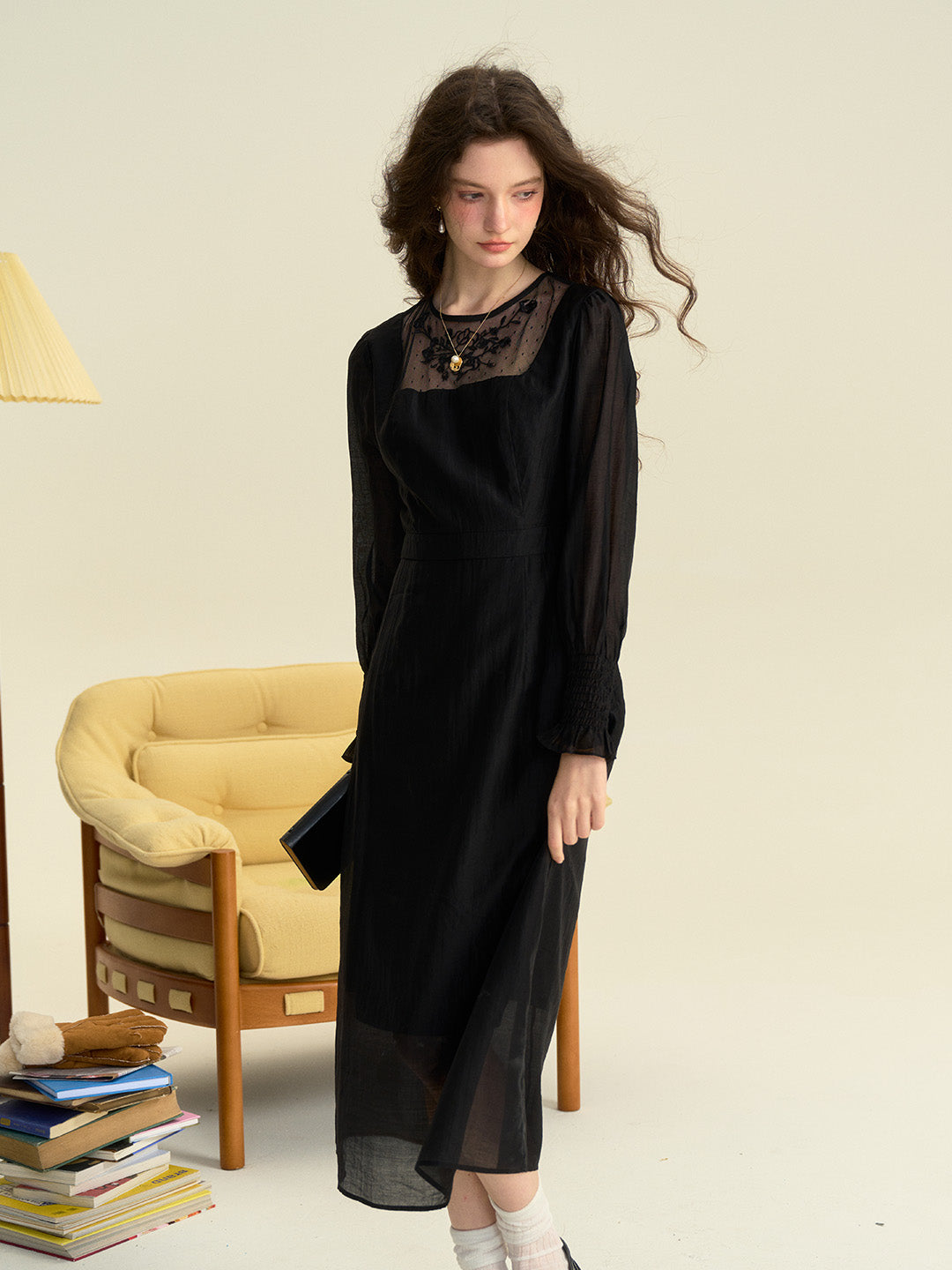 Carolyn Round Neck Mesh Embroidered Trimmed Sleeve Dress