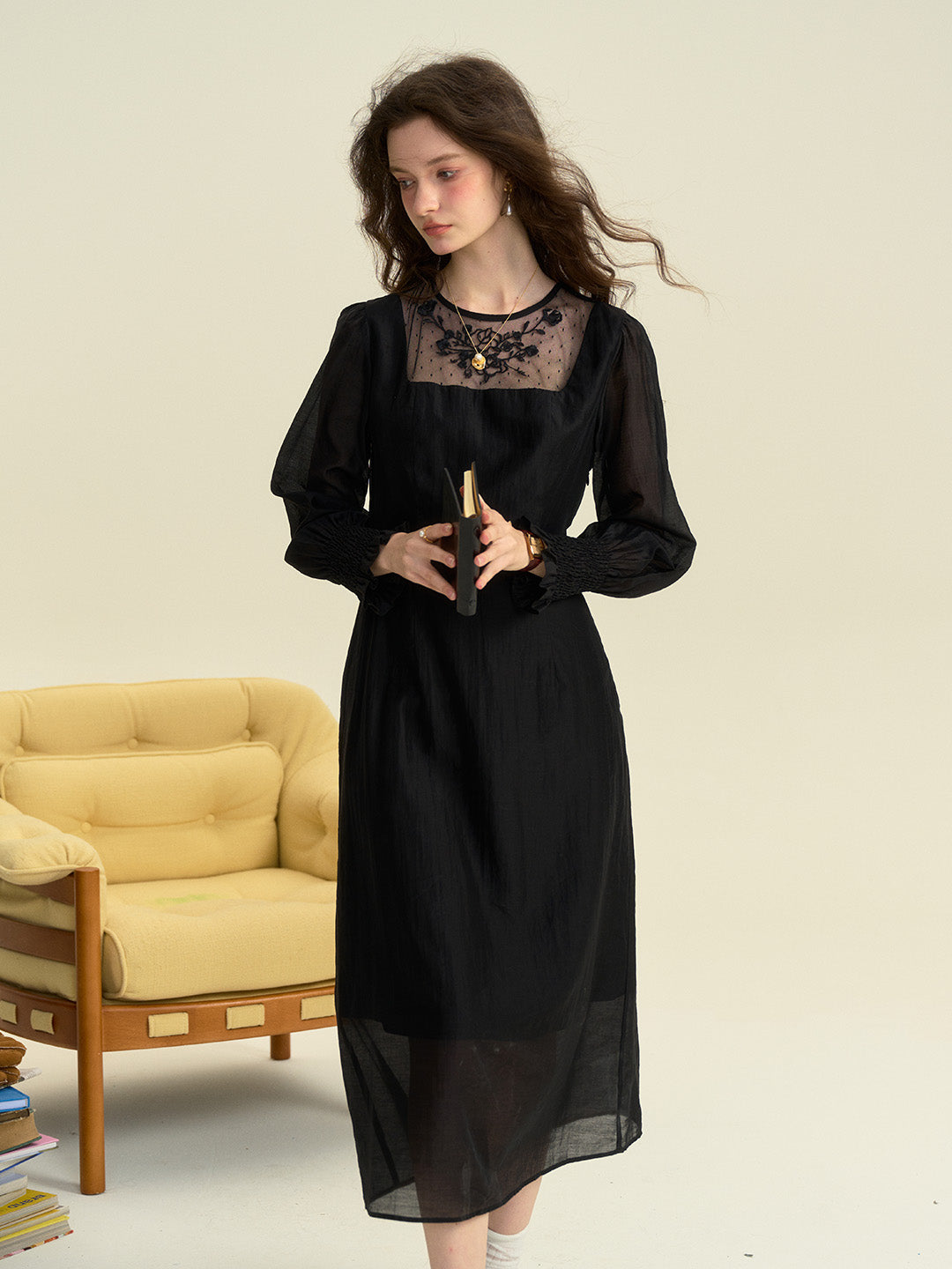 Carolyn Round Neck Mesh Embroidered Trimmed Sleeve Dress