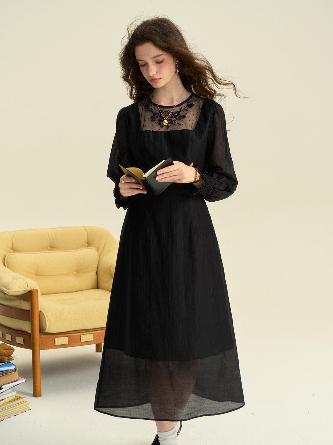 Ariella Round Neck Mesh Embroidered Puff Sleeve Dress