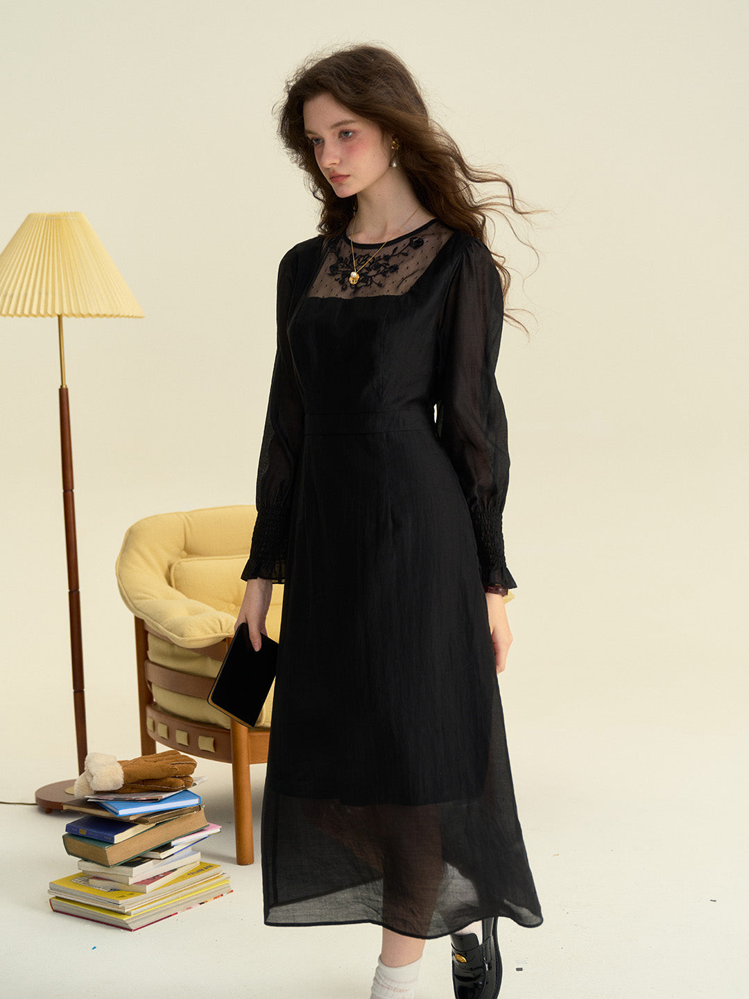 Carolyn Round Neck Mesh Embroidered Trimmed Sleeve Dress