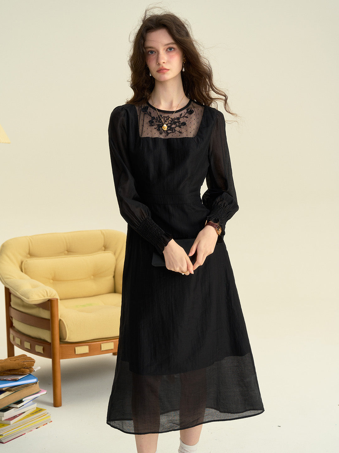 Ariella Round Neck Mesh Embroidered Puff Sleeve Dress