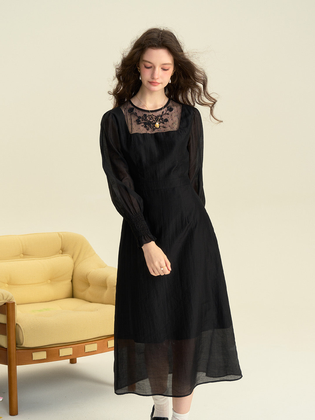 Carolyn Round Neck Mesh Embroidered Trimmed Sleeve Dress