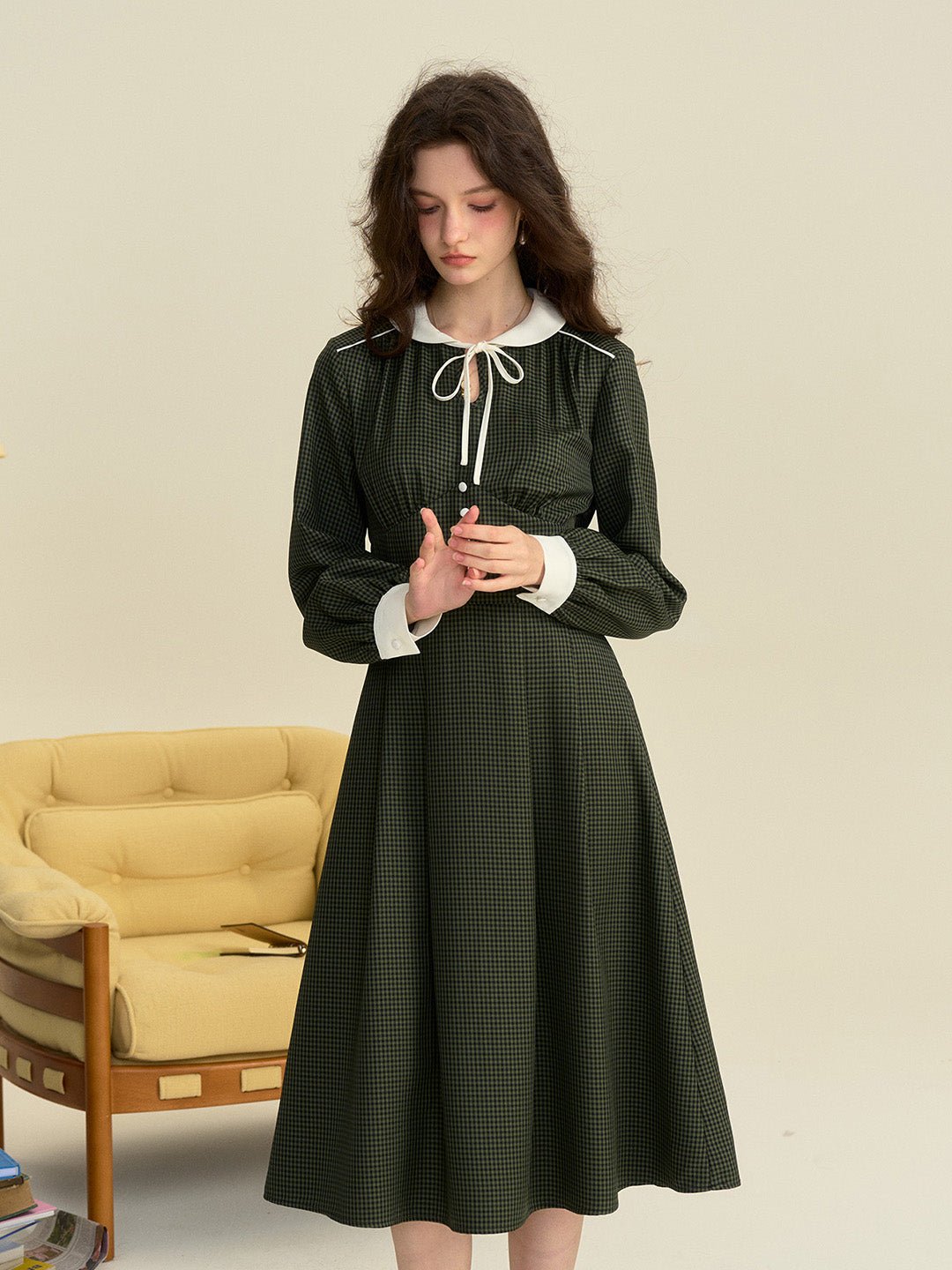 【Black Friday】Leanna Round Neck Plaid Tie Bow Collision Green Dress