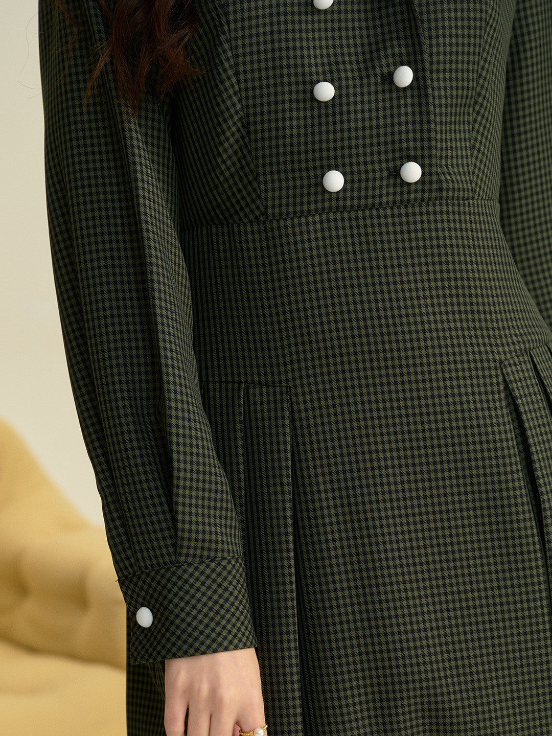 Barbara White Collar Double-Breasted Pleated Dark Green Plaid Dress