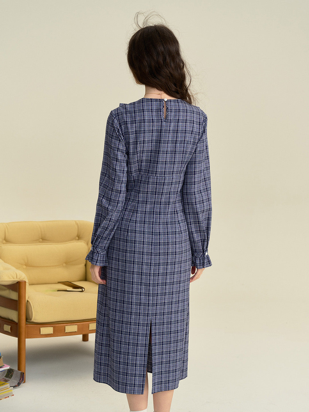 【Final Sale】Whitney Round Neck Tie Bow Collision Blue Check Dress