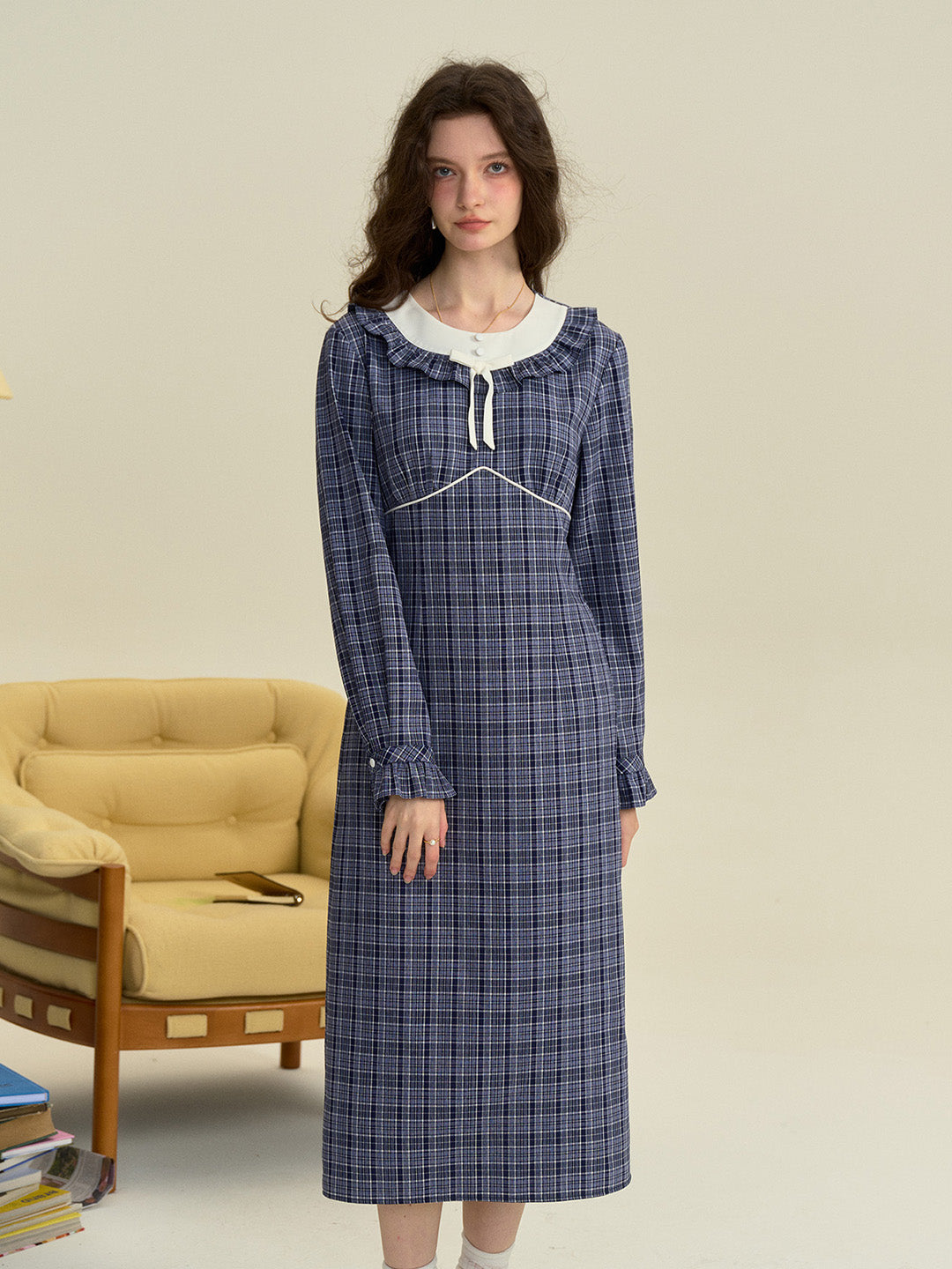 【Final Sale】Whitney Round Neck Tie Bow Collision Blue Check Dress