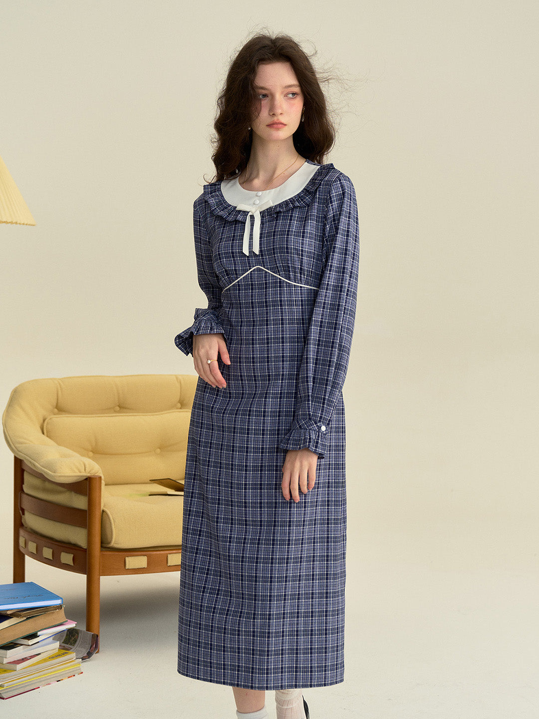 【Final Sale】Whitney Round Neck Tie Bow Collision Blue Check Dress