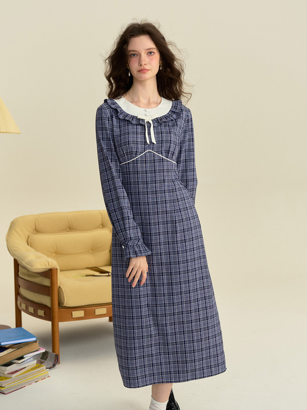 【Final Sale】Whitney Round Neck Tie Bow Collision Blue Check Dress