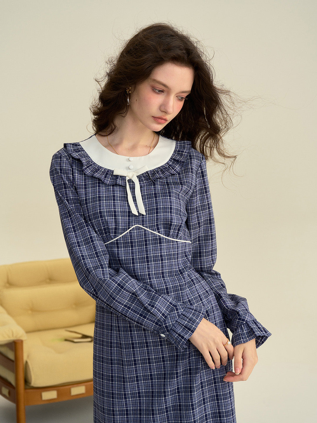 【Final Sale】Whitney Round Neck Tie Bow Collision Blue Check Dress