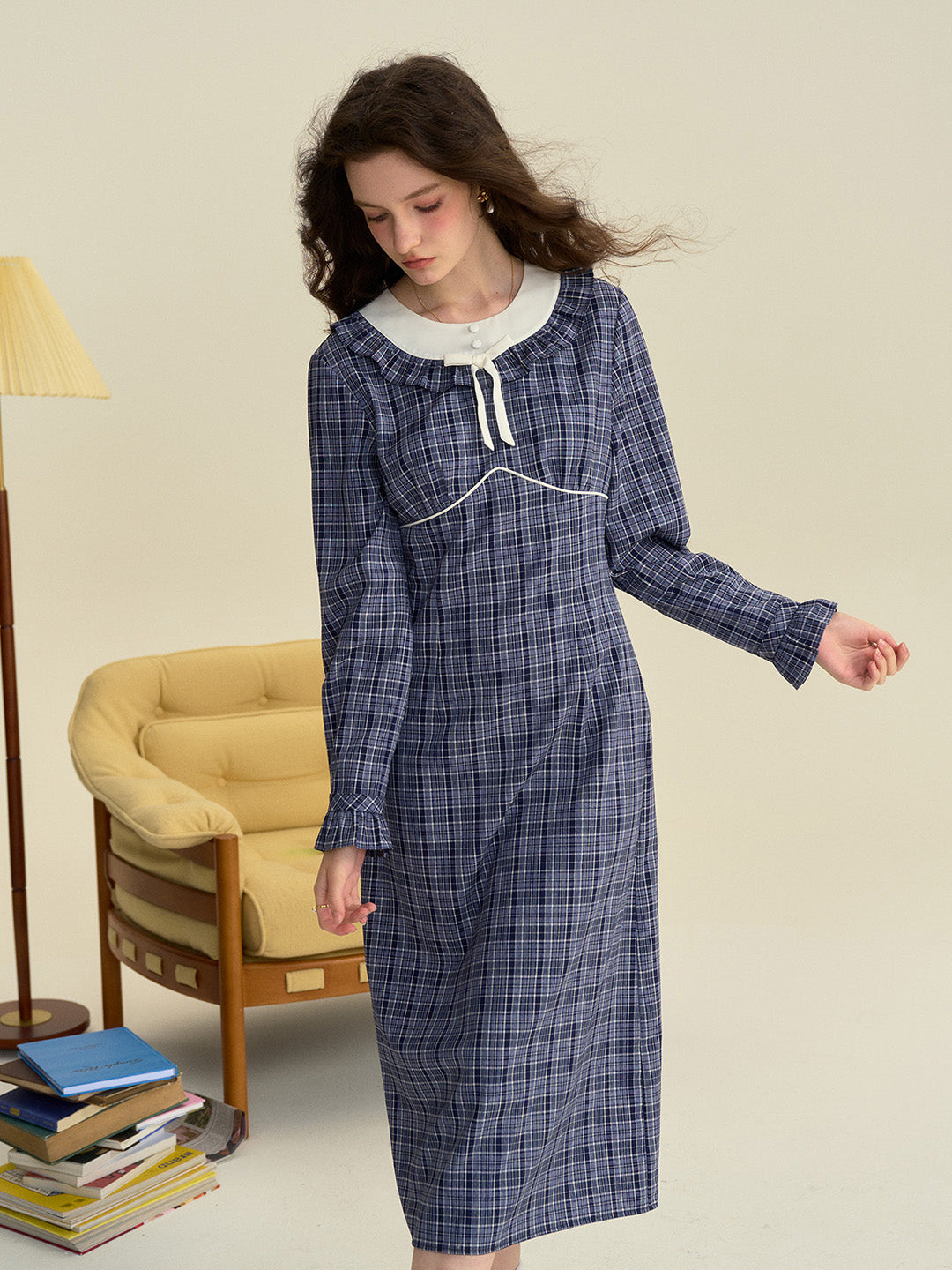 【Final Sale】Whitney Round Neck Tie Bow Collision Blue Check Dress