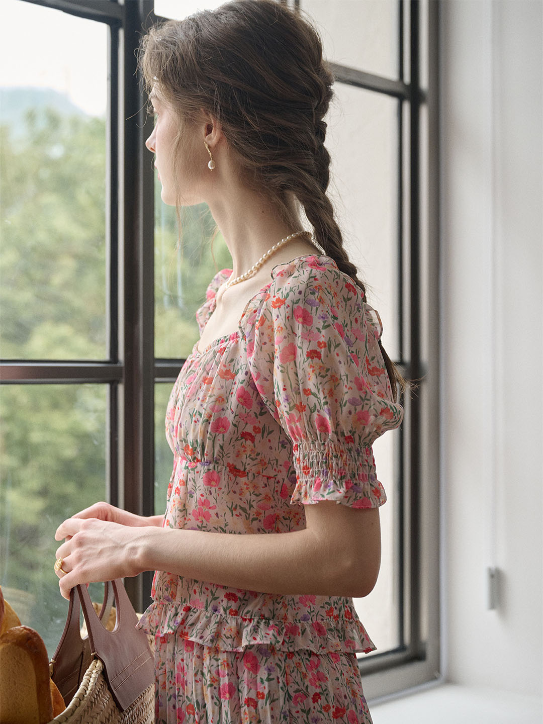 Alivia Floral Print Tie Neck Heart Shaped Collar Pink Blouse