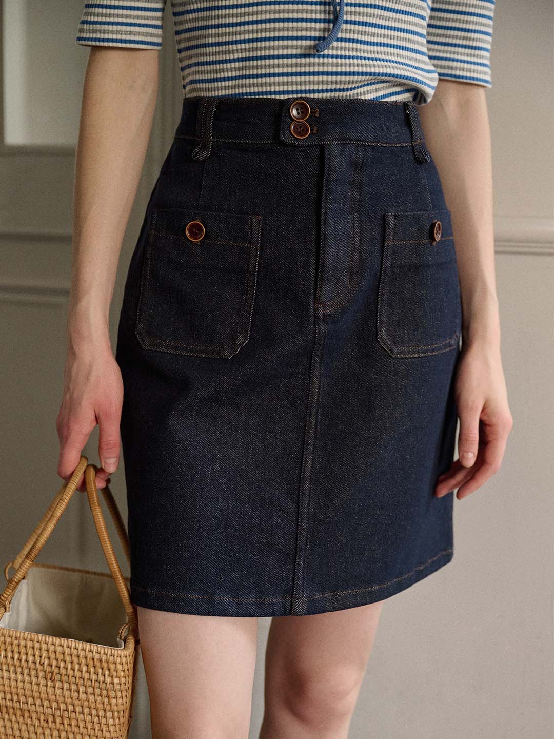 Maryam Vintage Double Button Pocket Denim Skirt