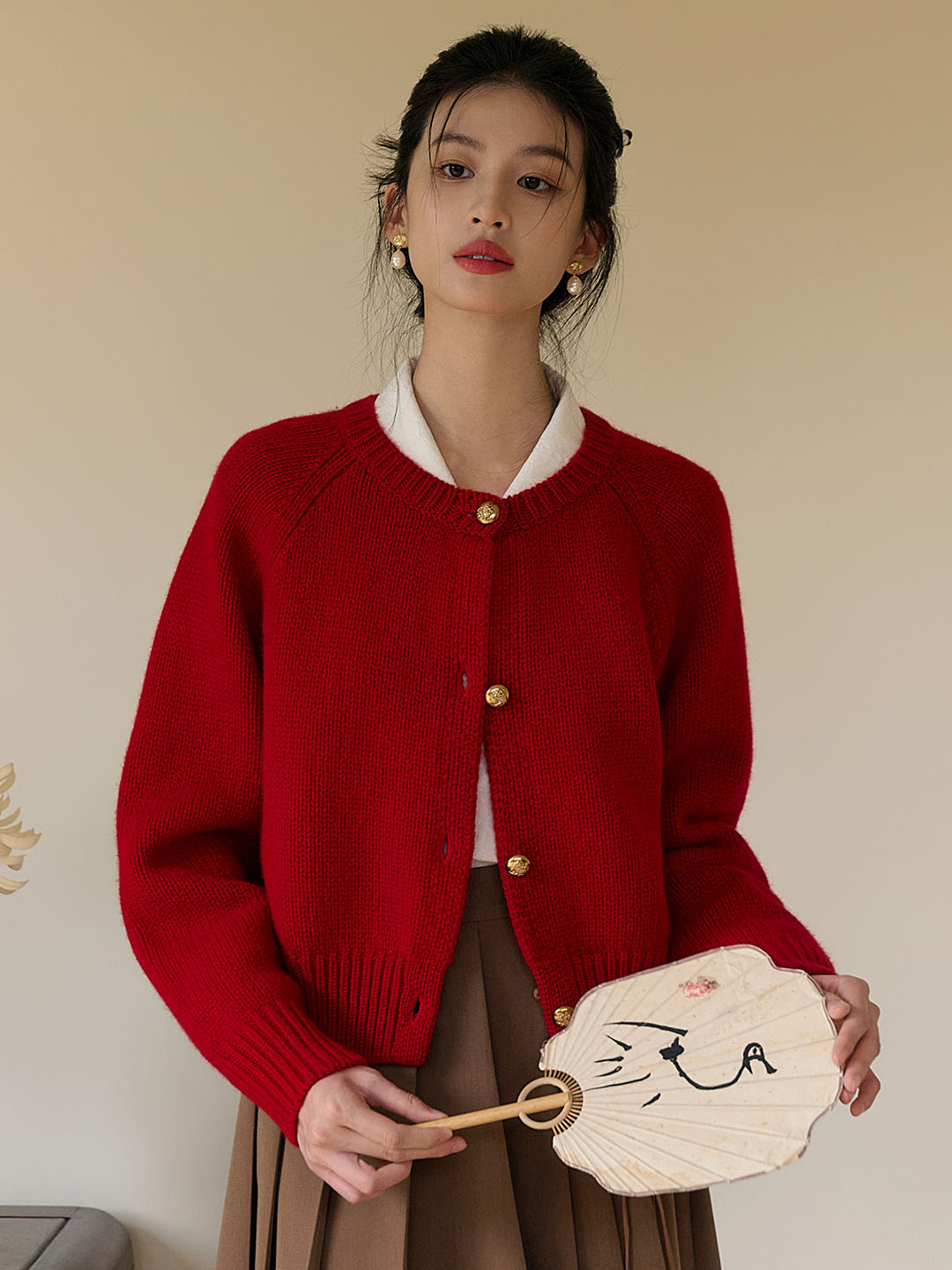 Eliana Retro Crew Neck 100% Wool Sweater Cardigan-Red