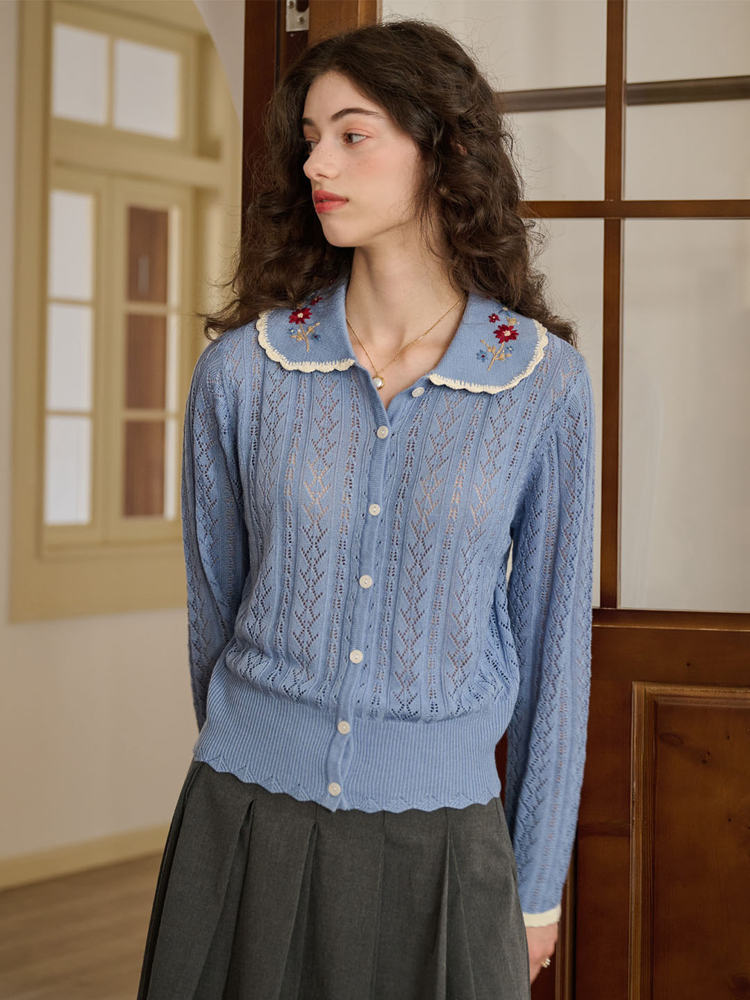 Shay Peter Pan Collar Embroidered Contrast Cutout Cardigan-Light Blue