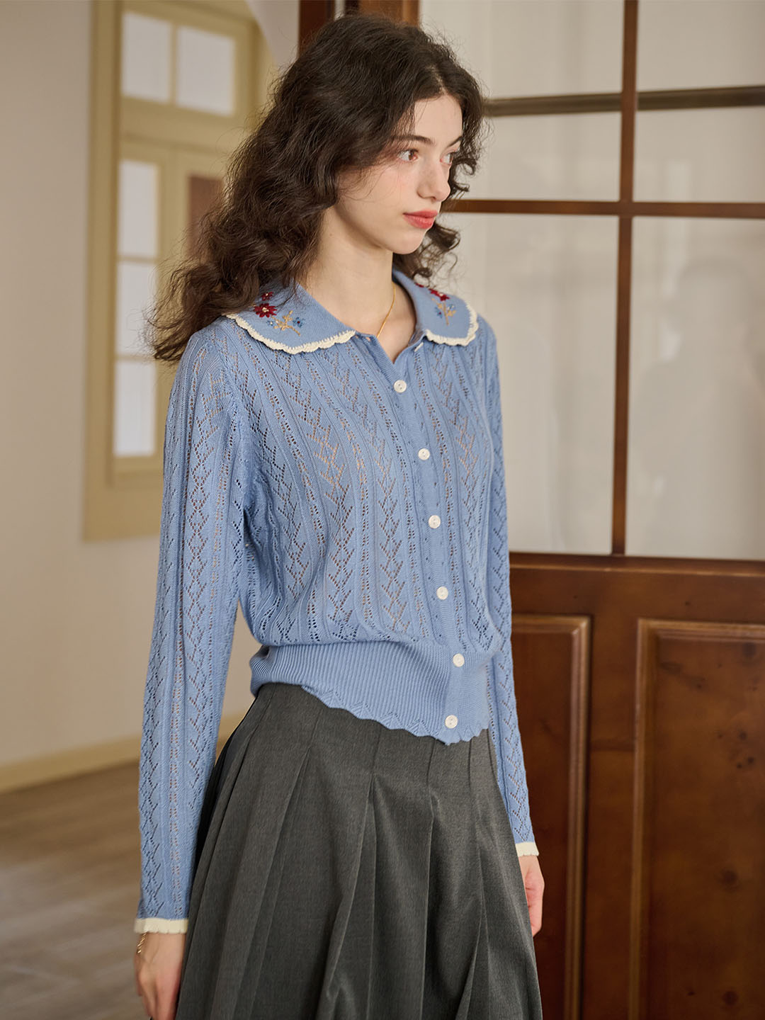 Shay Peter Pan Collar Embroidered Contrast Cutout Cardigan-Light Blue