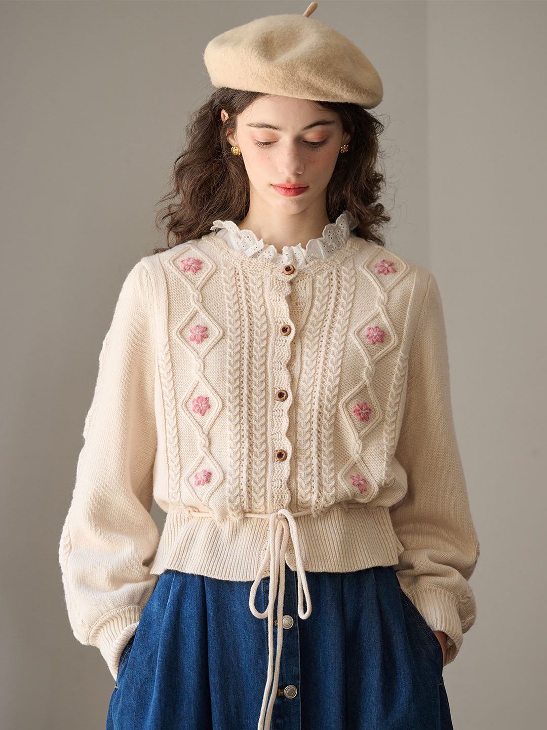 Willow Floral Embroidery Lantern Sleeve Knot Hem Knit Cardigan