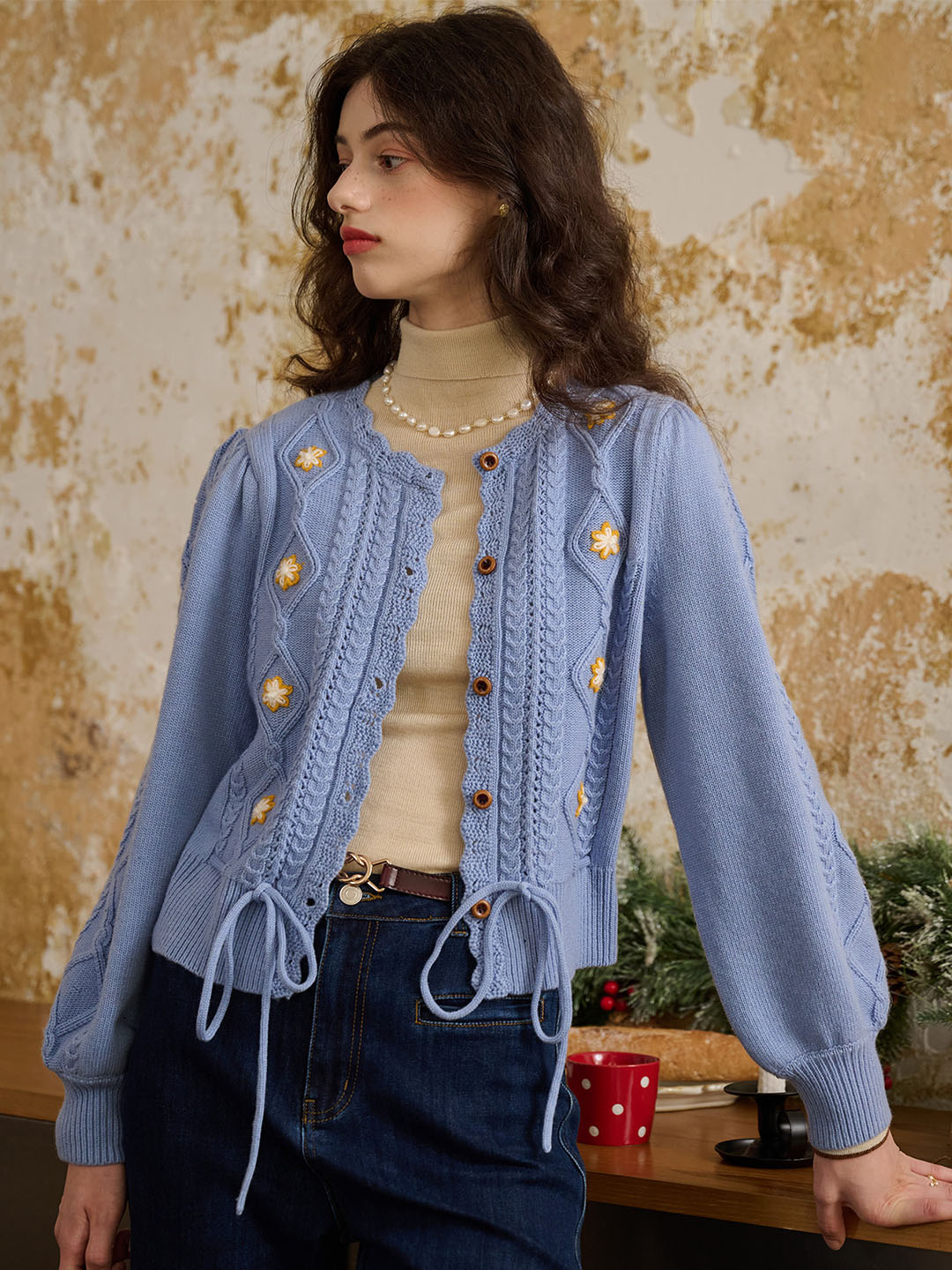 Willow Floral Embroidery Lantern Sleeve Knot Hem Knit Cardigan-Light Blue