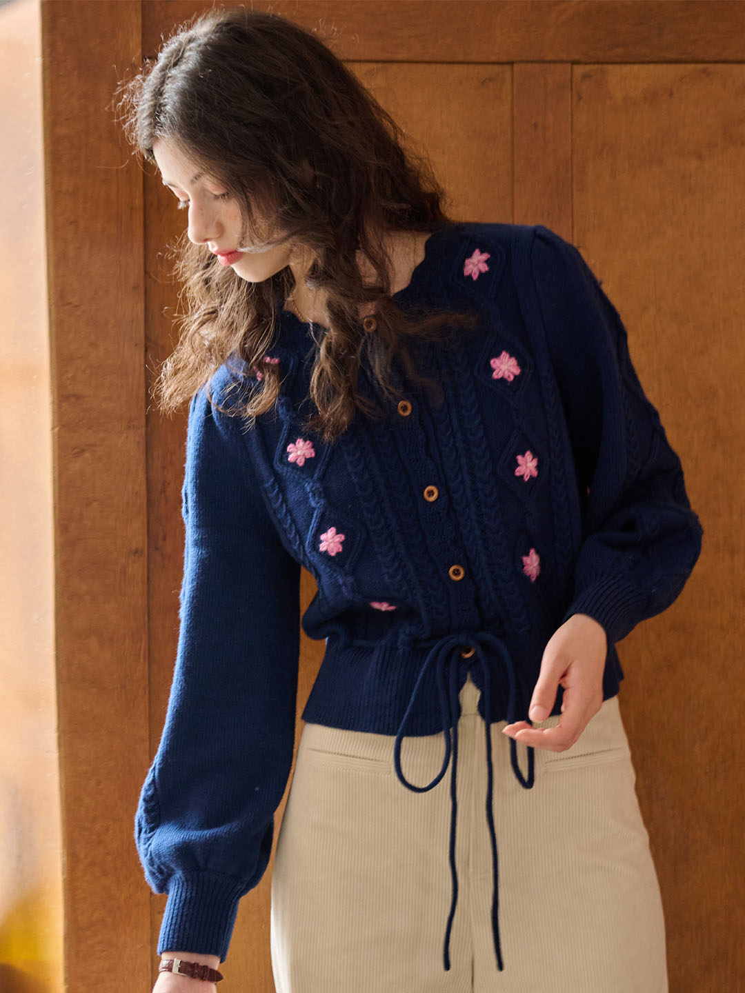 Willow Floral Embroidery Lantern Sleeve Knot Hem Knit Cardigan