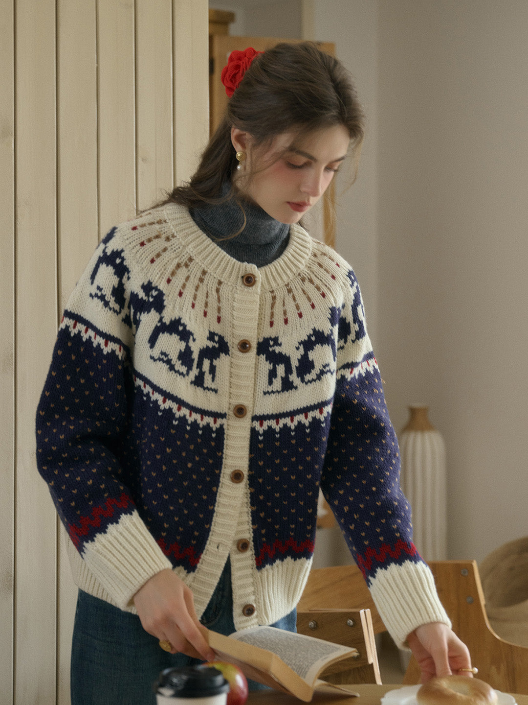 Artemis Round Neck SR Exclusive Penguin Design Fair Isle Wool Cardigan - Blue