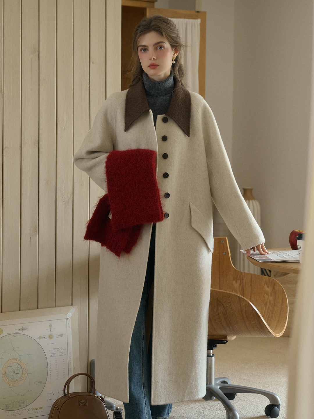 Waverly Retro Peak Collar Long Pocket Double-Faced Wool Cashmere Coat - Brown