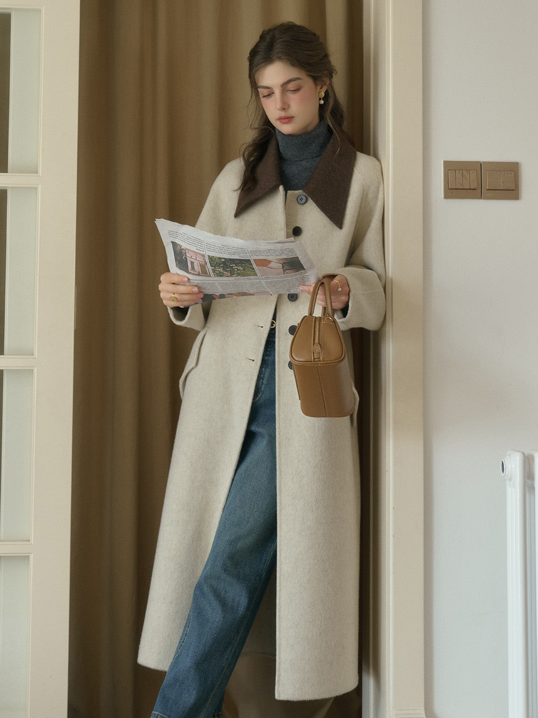 Waverly Retro Peak Collar Long Pocket Double-Faced Wool Cashmere Coat - Apricot