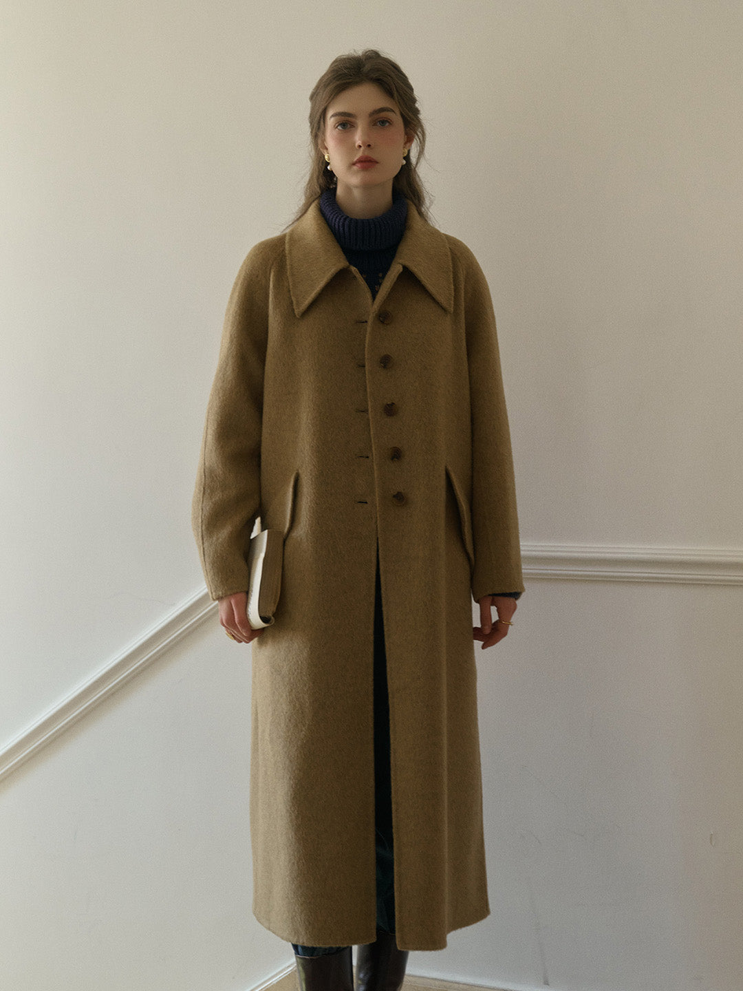 Waverly Retro Peak Collar Long Pocket Double-Faced Wool Cashmere Coat - Brown