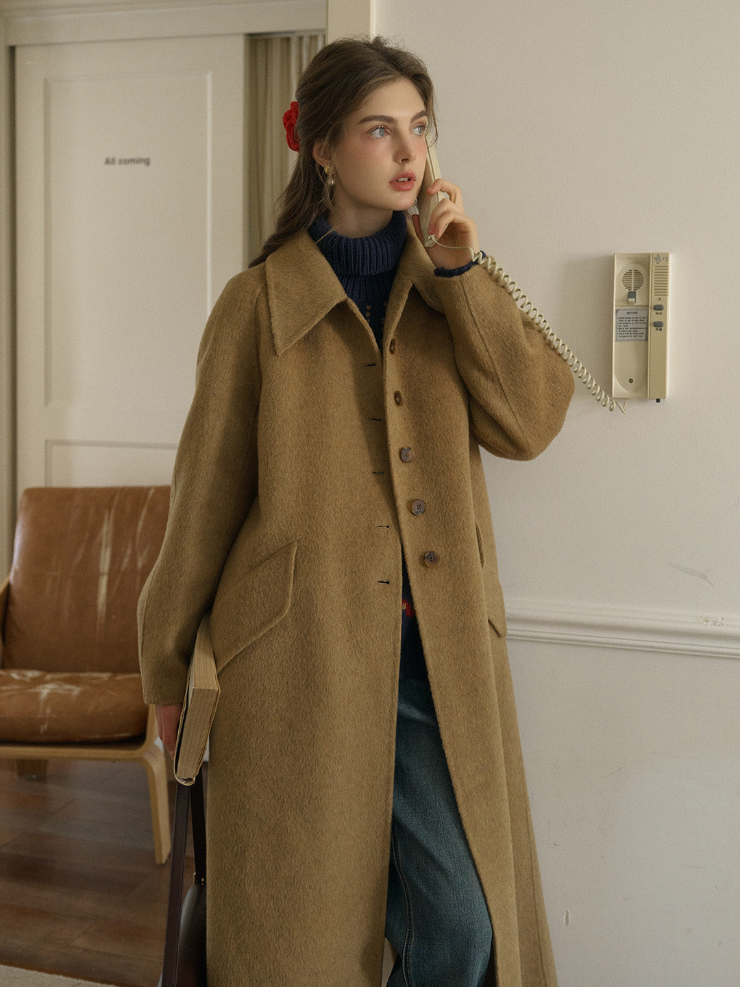 Waverly Retro Peak Collar Long Pocket Double-Faced Wool Cashmere Coat - Brown