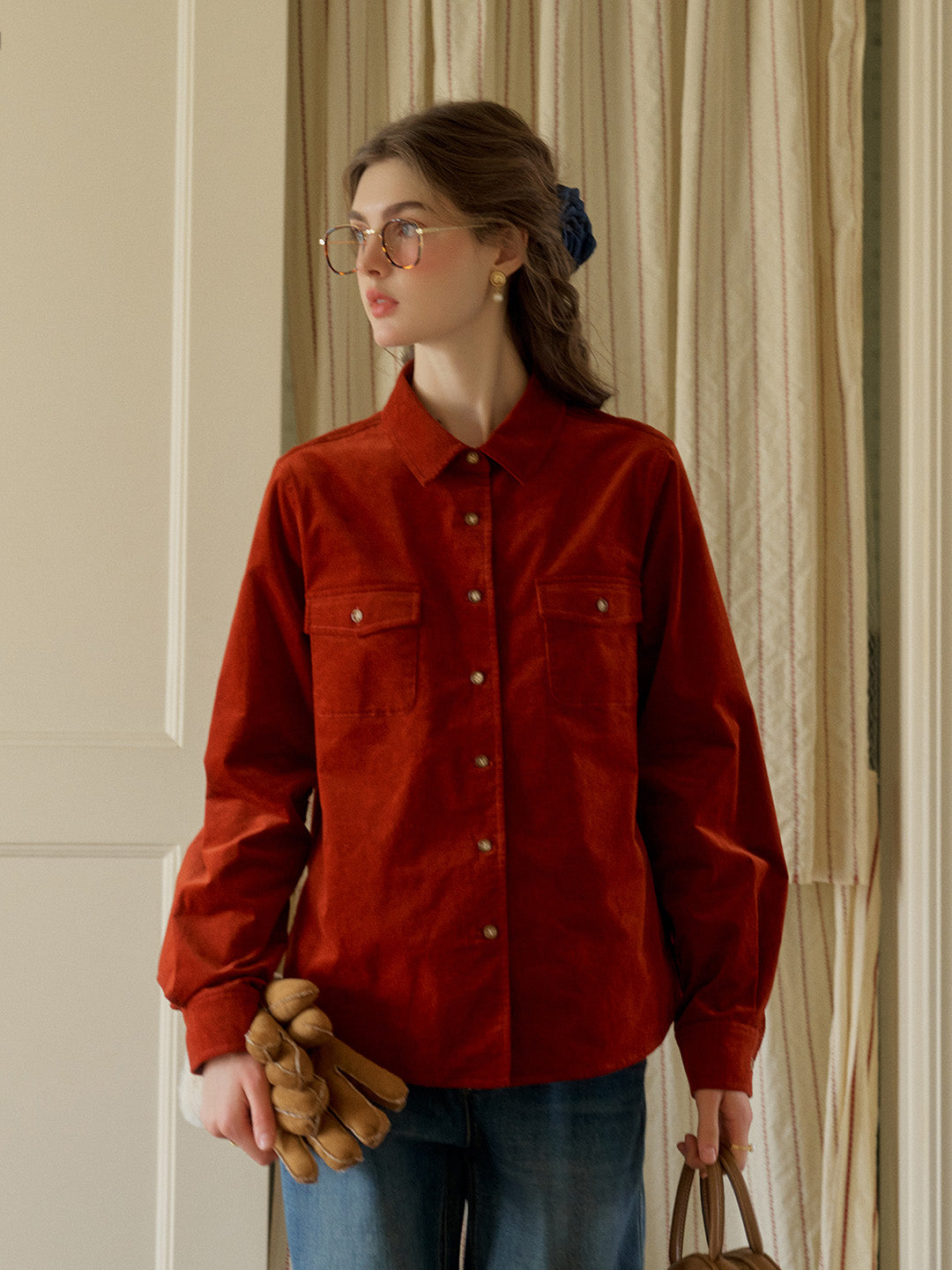 Anais Classic Notched Collar Pocket Corduroy Shirt - Red