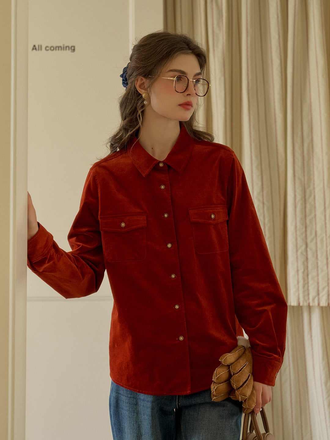 Anais Classic Notched Collar Pocket Corduroy Shirt - Red