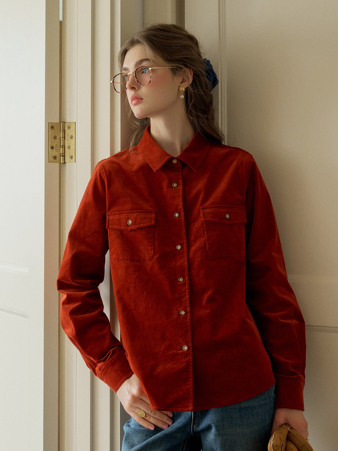 Anais Classic Notched Collar Pocket Corduroy Shirt - Red