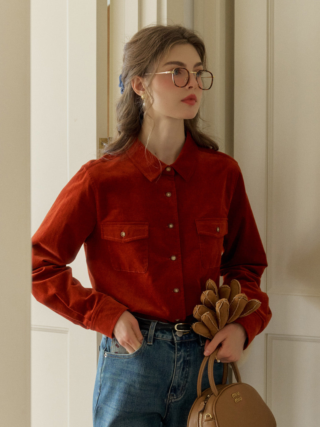 Anais Classic Notched Collar Pocket Corduroy Shirt - Red