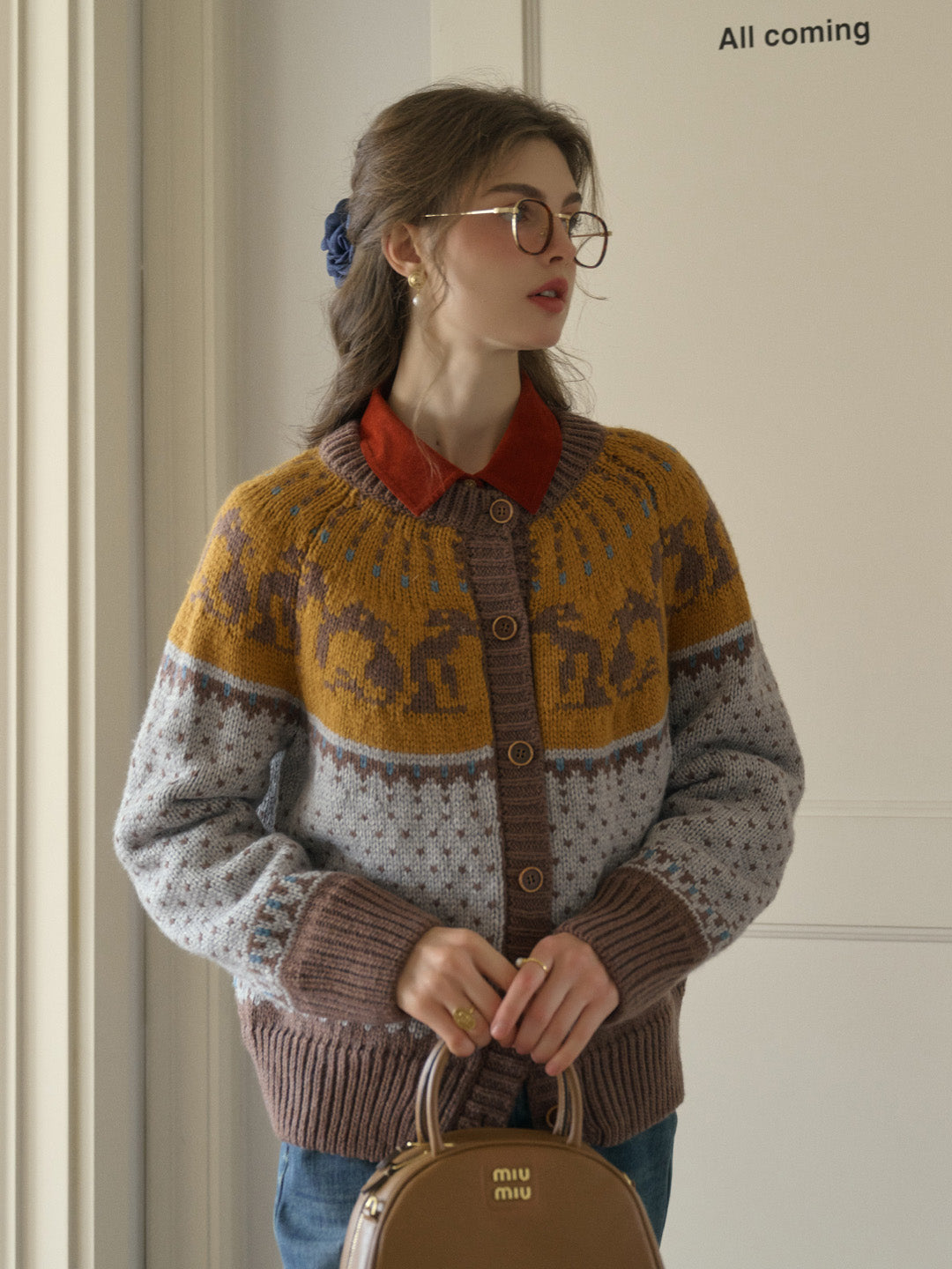 Artemis Round Neck SR Exclusive Penguin Design Fair Isle Wool Cardigan - Yellow