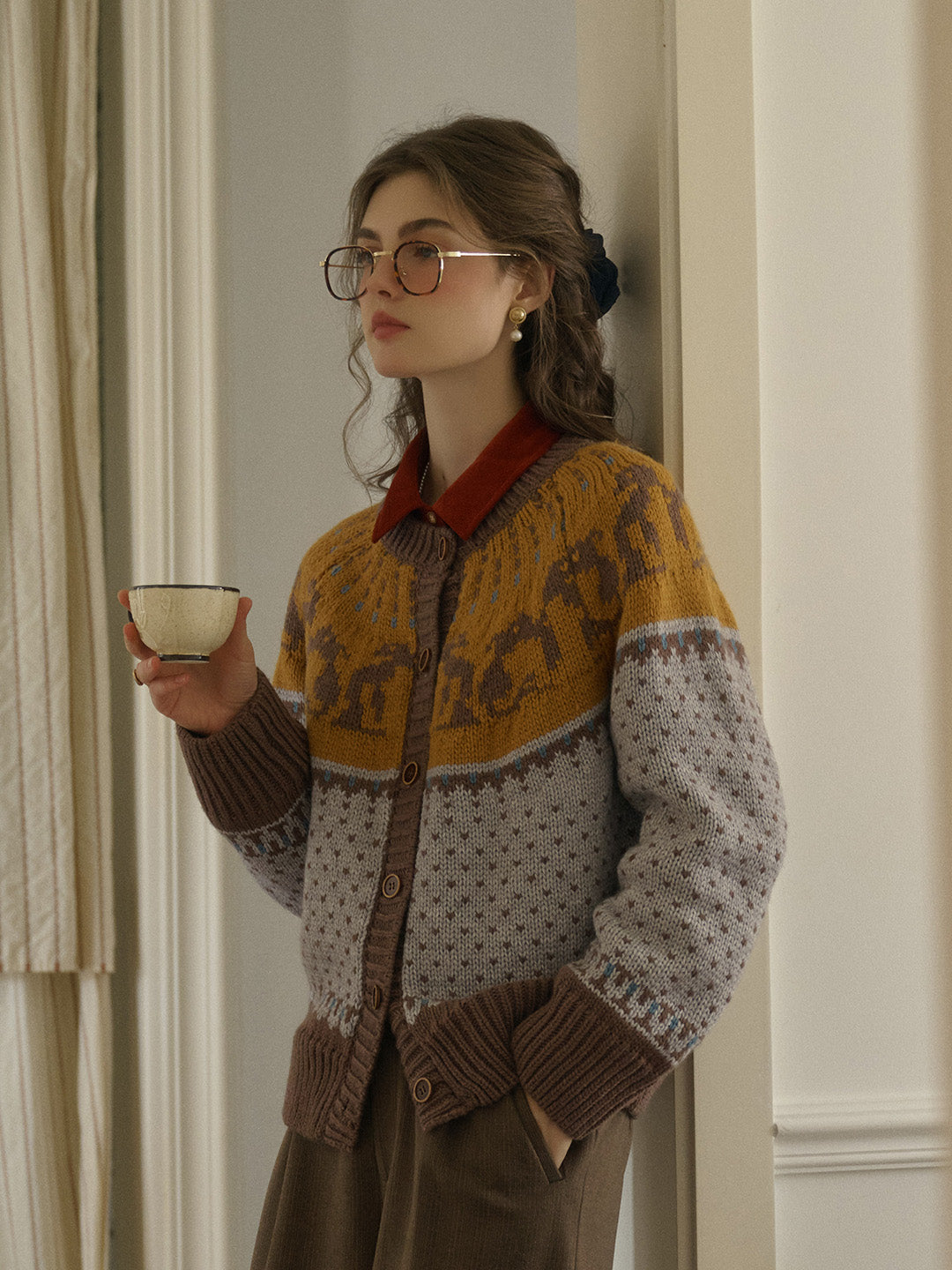 Artemis Round Neck SR Exclusive Penguin Design Fair Isle Wool Cardigan - Yellow