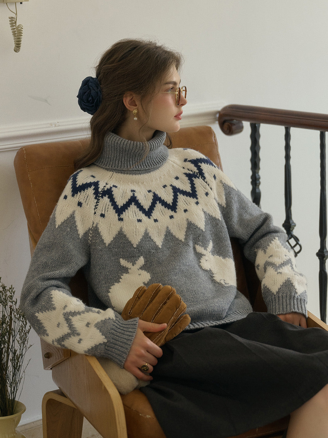 Cielo Turtleneck SR Exclusive Bunny Design Fair Isle Wool Sweater