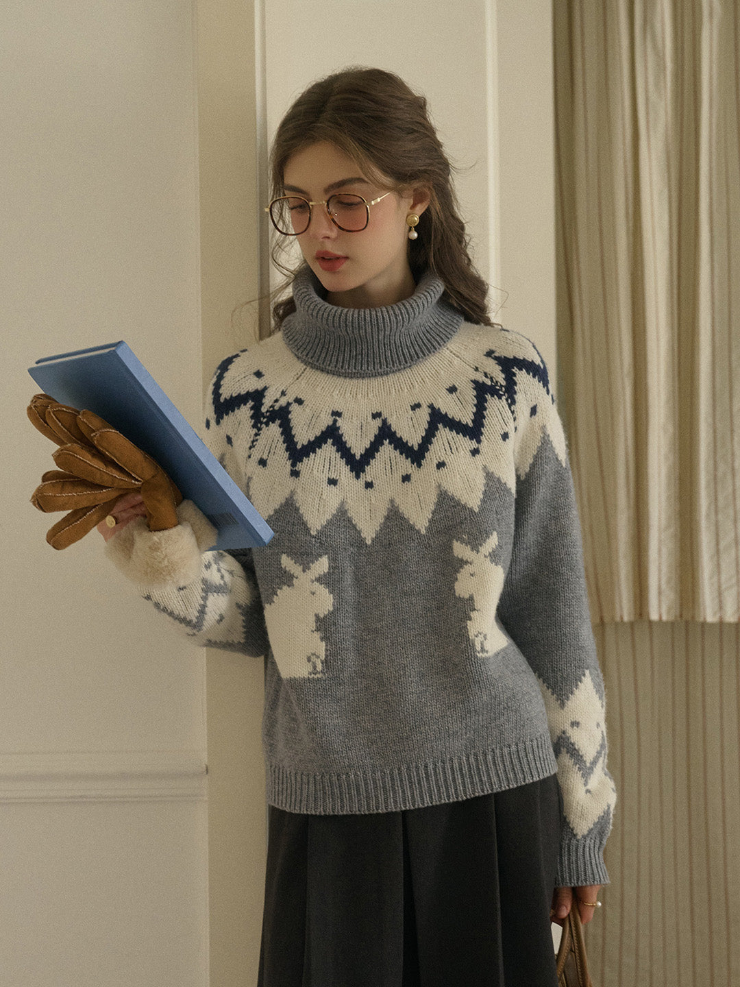 Cielo Turtleneck SR Exclusive Bunny Design Fair Isle Wool Sweater