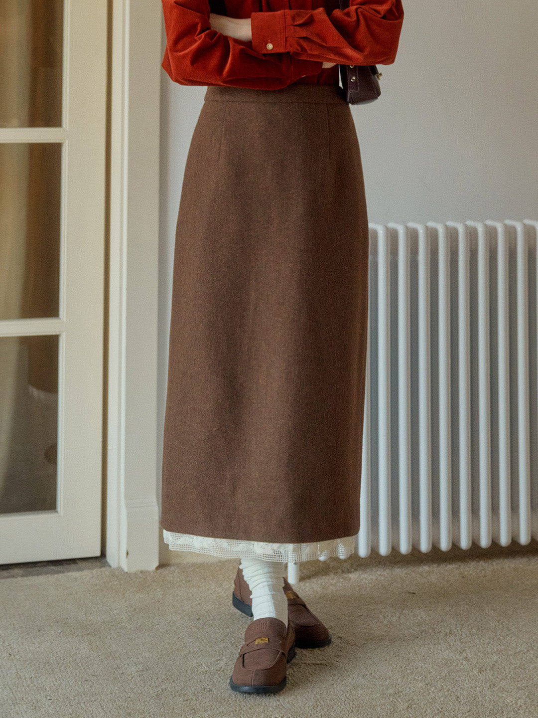 Nala Lace Stitching Brown Pocket Wool Skirt